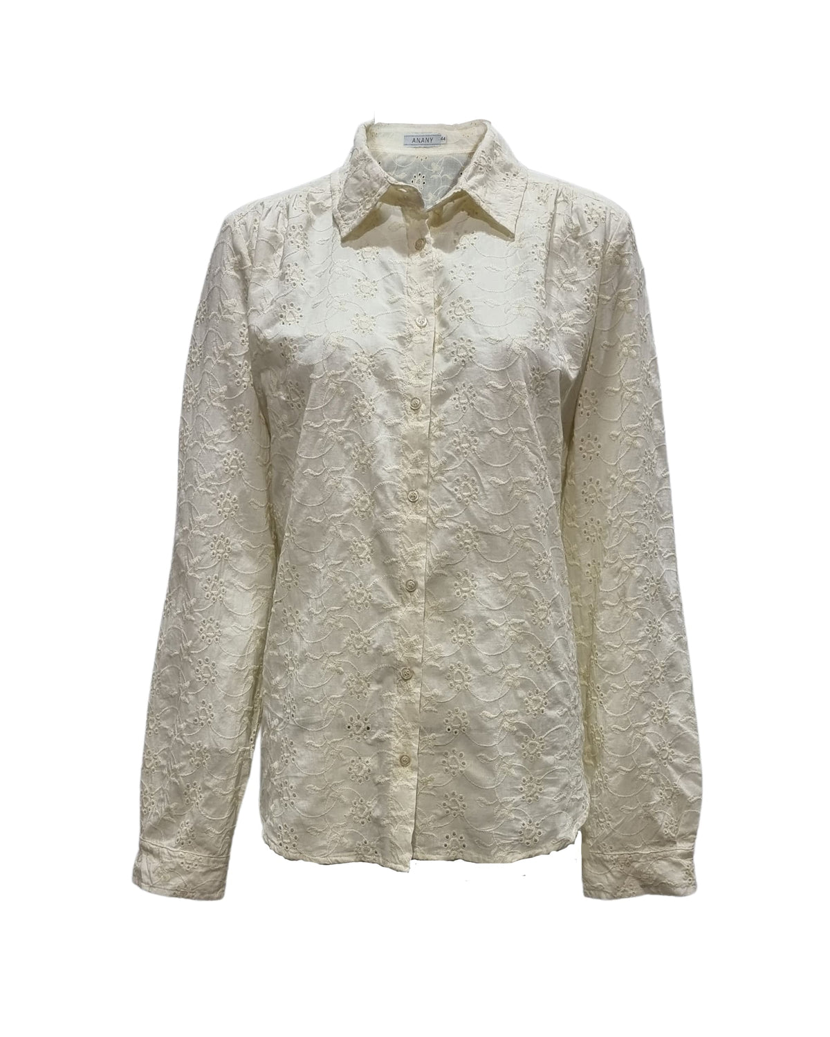 Camisa mujer blusa calada bordada viscosa cuello clásico manga larga cierre botones elegante cómoda transpirable color crudo talla 42 ideal entretiempo look casual ✅Entrega 24/48h