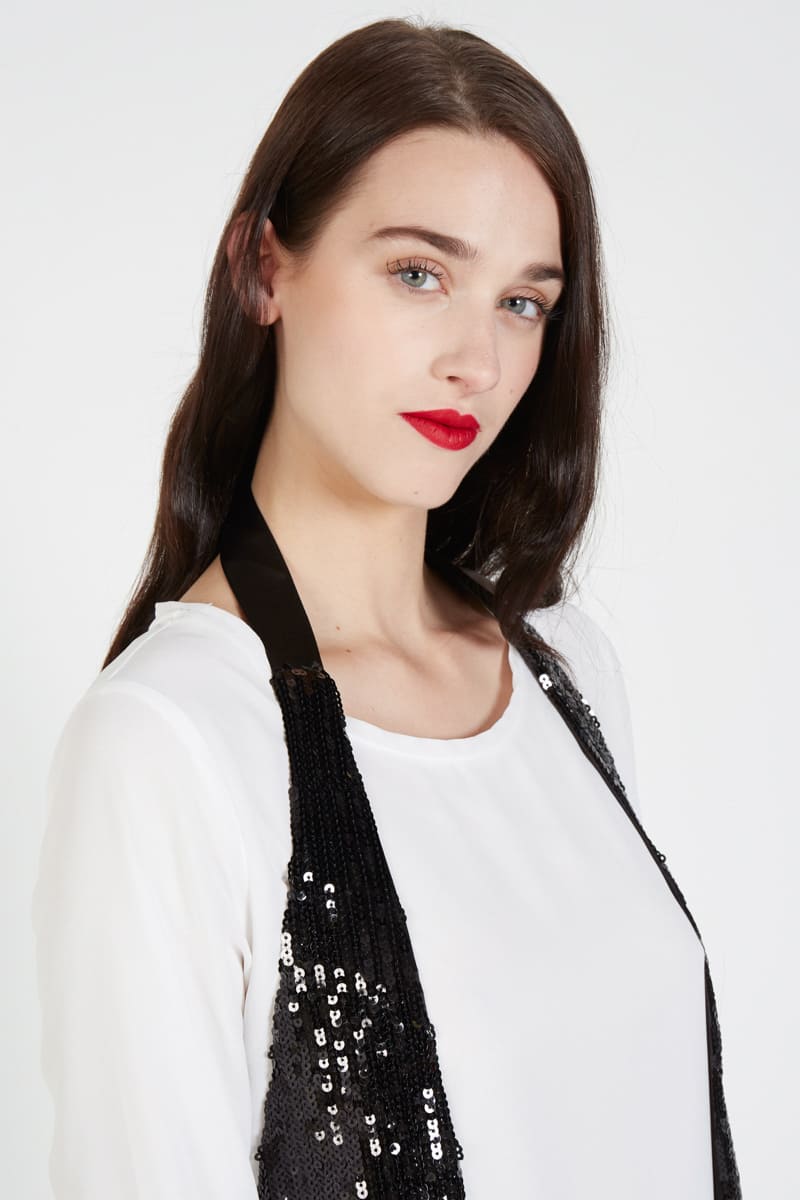 Chaleco mujer lentejuelas, elegante y sofisticado, diseño ligero ideal fiestas, eventos noche, combina blusas o jeans, corte clásico, color negro, talla S disponible, look urbano brillante, glamour instantáneo ✅Entrega 24/48h