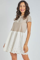 Vestido mujer 2 en 1 dress outfit casual corto bordado inglés falda algodón manga corta cuello redondo botones cómodo suave beige tallas L/XL estilo versátil elegante ✅Entrega 24/48h