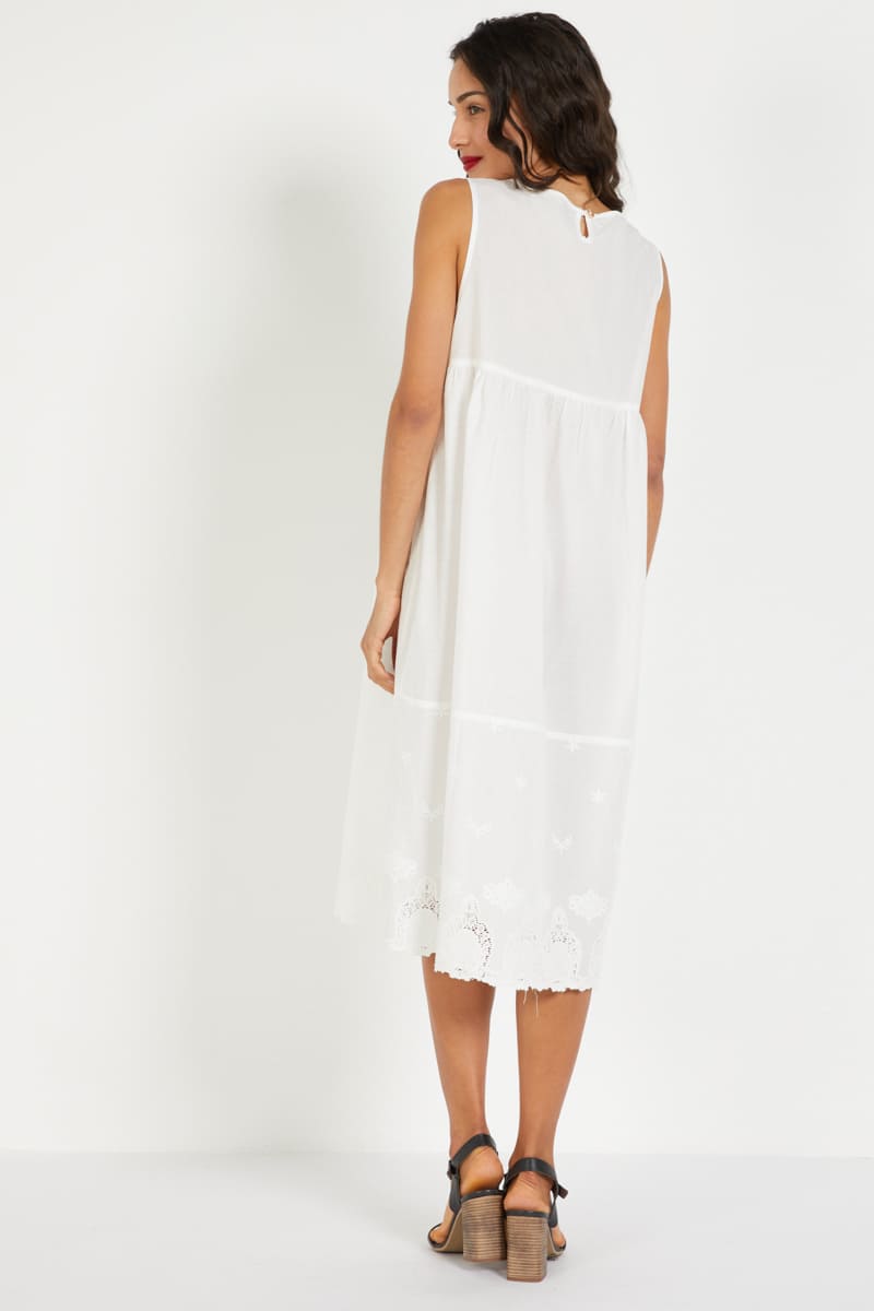 Vestido largo mujer, dress sin mangas, cuello redondo, bordado fantasía bajo, cierre lágrima trasero, estilo fresco, elegante, para verano, blanco, tallas L XL, cómodo, versátil, ideal día o noche ✅Entrega 24/48h