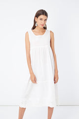 Vestido midi largo mujer, dress sin mangas, bordado fantasía, cuello redondo, algodón ligero, estilo casual elegante, fresco, ideal verano, colores blanco, tallas S/M, cómodo versátil, outfit urbano ✅Entrega 24/48h