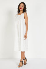 Vestido largo mujer, dress sin mangas, cuello redondo, bordado fantasía bajo, cierre lágrima trasero, estilo fresco, elegante, para verano, blanco, tallas L XL, cómodo, versátil, ideal día o noche ✅Entrega 24/48h