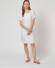 Vestido corto mujer, dress, outfit, algodón bordado, fruncido pecho, escote cuadrado, manga corta, forro, lazo cintura, estilo casual, blanco, talla 38, cómodo elegante versátil ✅Entrega 24/48h