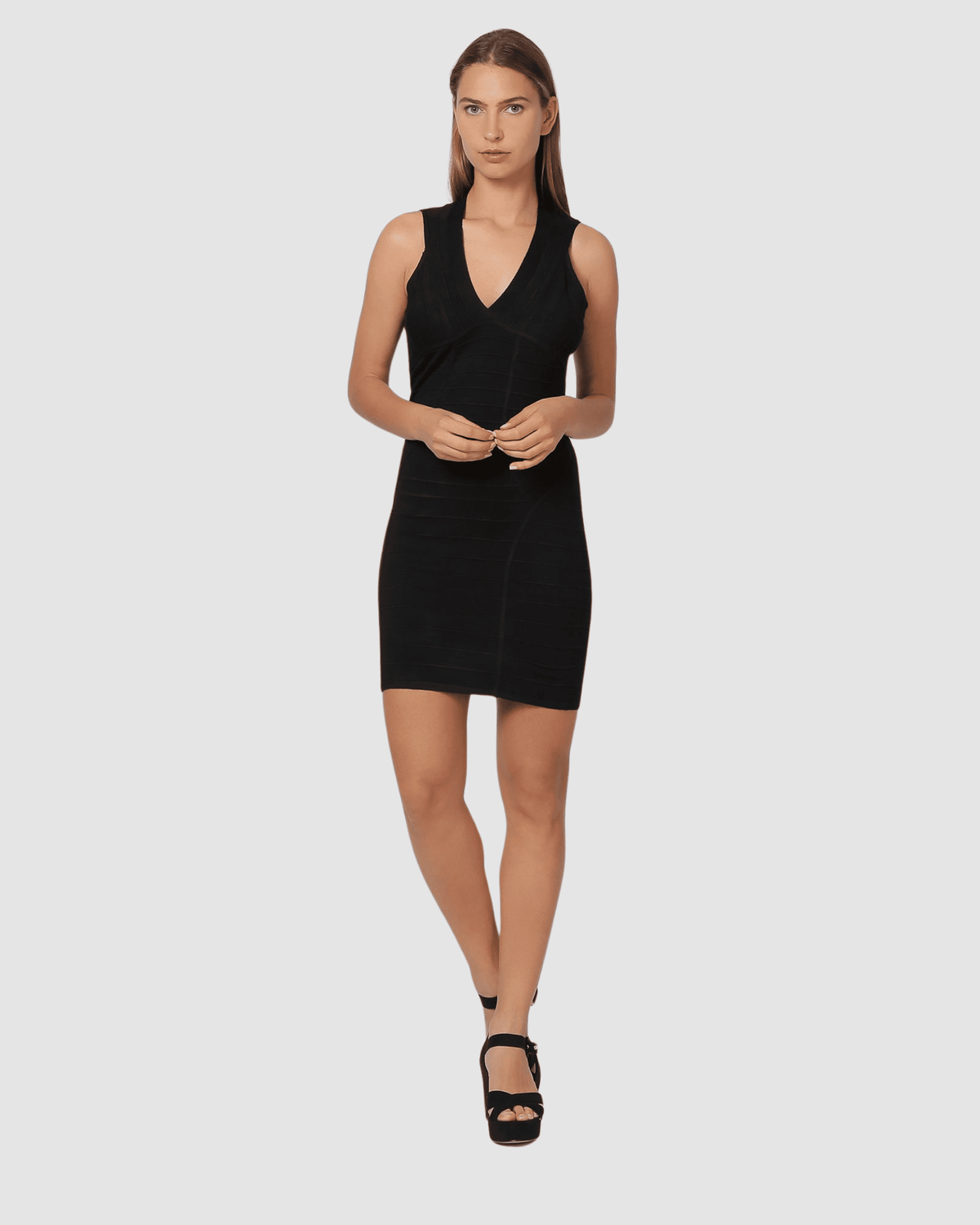 Vestido corto mujer, dress ajustado moldeador, diseño liso, tejido con textura elegante, escote V sin mangas, bajo elástico, estilo sofisticado, color negro, tallas L/XL, versátil y cómodo ✅Entrega 24/48h