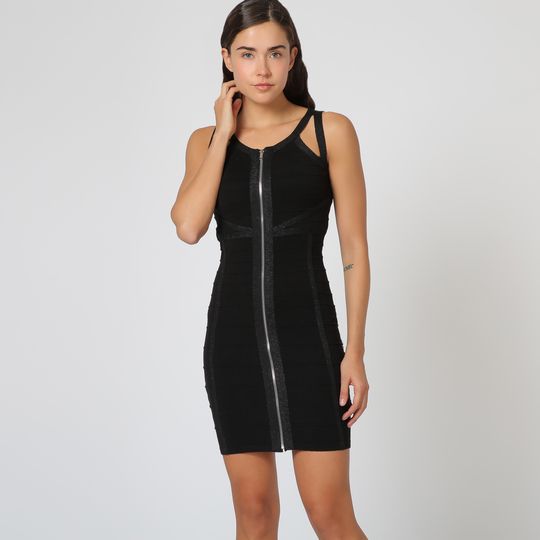 Vestido corto tejido negro sin mangas, escote en V, diseño liso, bajo elástico, modelo moldeador Love & Money D14023, cómodo y favorecedor, disponible talla L/XL, ideal para eventos o diario, ✅Entrega 24/48h