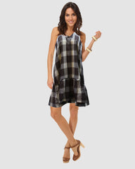 Vestido camisero mujer, dress cuadros, algodón, sin mangas, escote pico, bajo volante, corte mini, estilo casual, cómodo, fresco, modelo único, talla XS, colores negro/beige ✅Entrega 24/48h