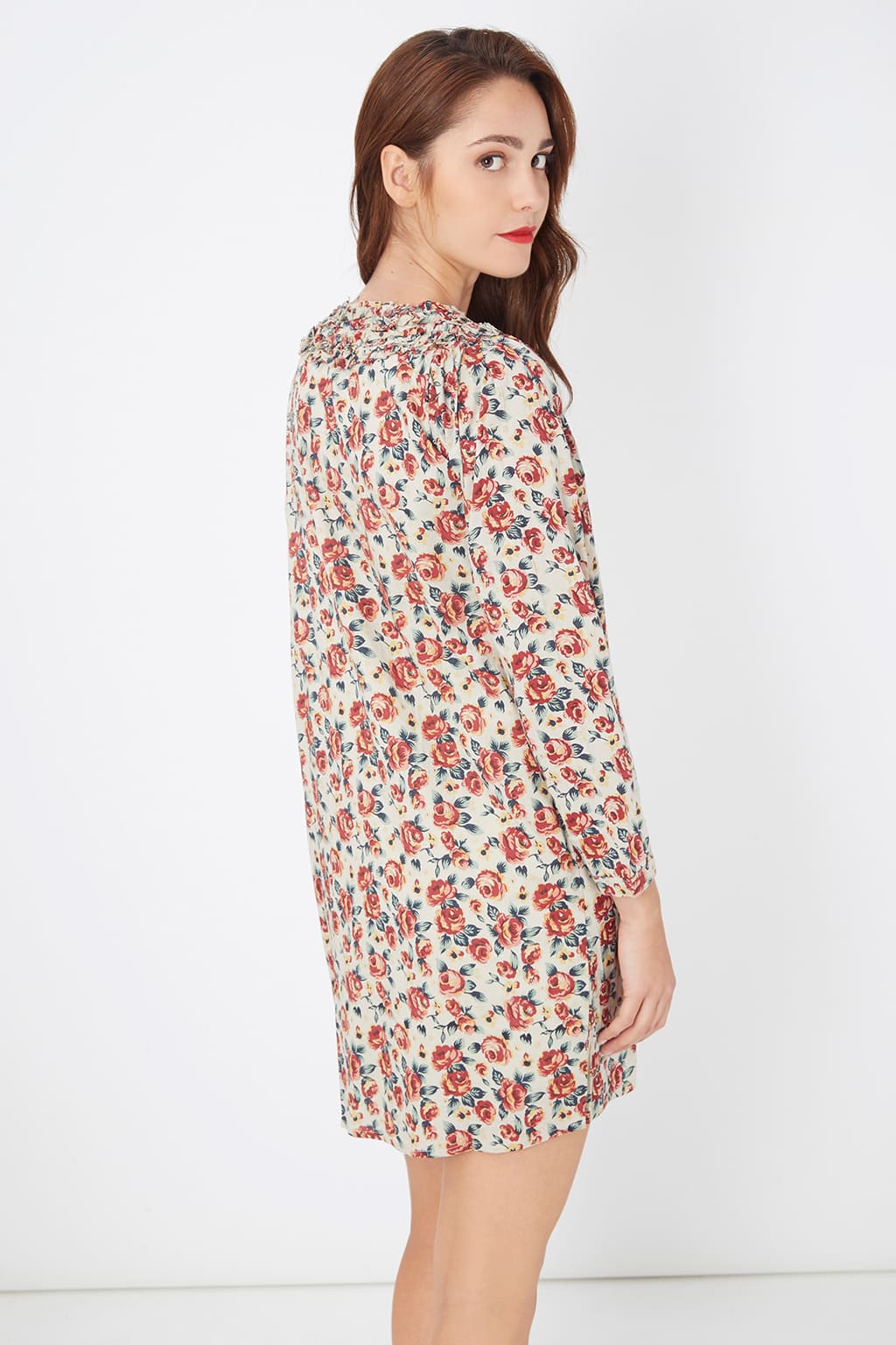 Vestido corto floral mujer, dress manga larga, cuello redondo, diseño relajado, tela suave, estilo casual, estampado flores tonos cálidos, beige, talla M, versátil cómodo elegante, urbano oficina, ✅Entrega 24/48h