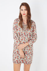 Vestido corto floral mujer, dress manga larga, cuello redondo, diseño relajado, tela suave, estilo casual, estampado flores tonos cálidos, beige, talla M, versátil cómodo elegante, urbano oficina, ✅Entrega 24/48h