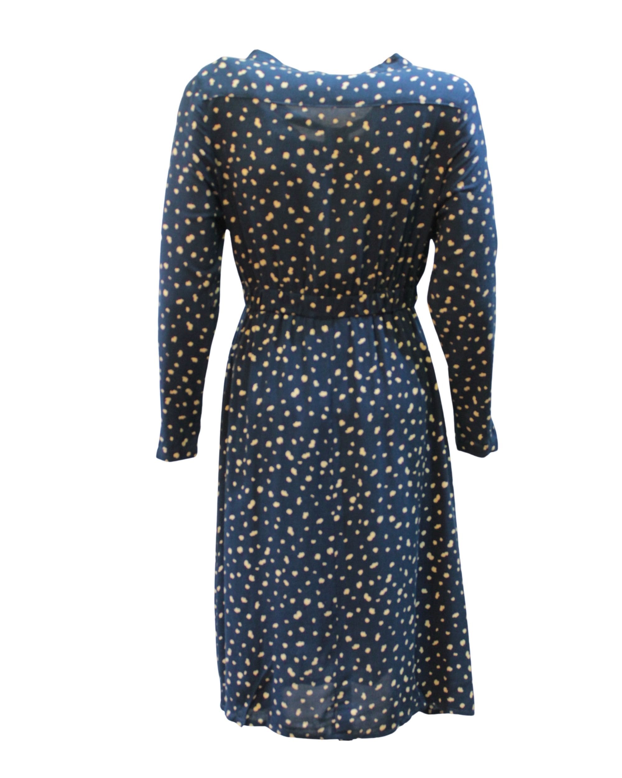 Vestido midi mujer, dress manga larga, escote lazo, estampado lunares blancos, corte ajustado a la cintura, estilo casual elegante, tejido ligero azul, talla XS, ideal eventos o diario, cómodo y versátil ✅Entrega 24/48h