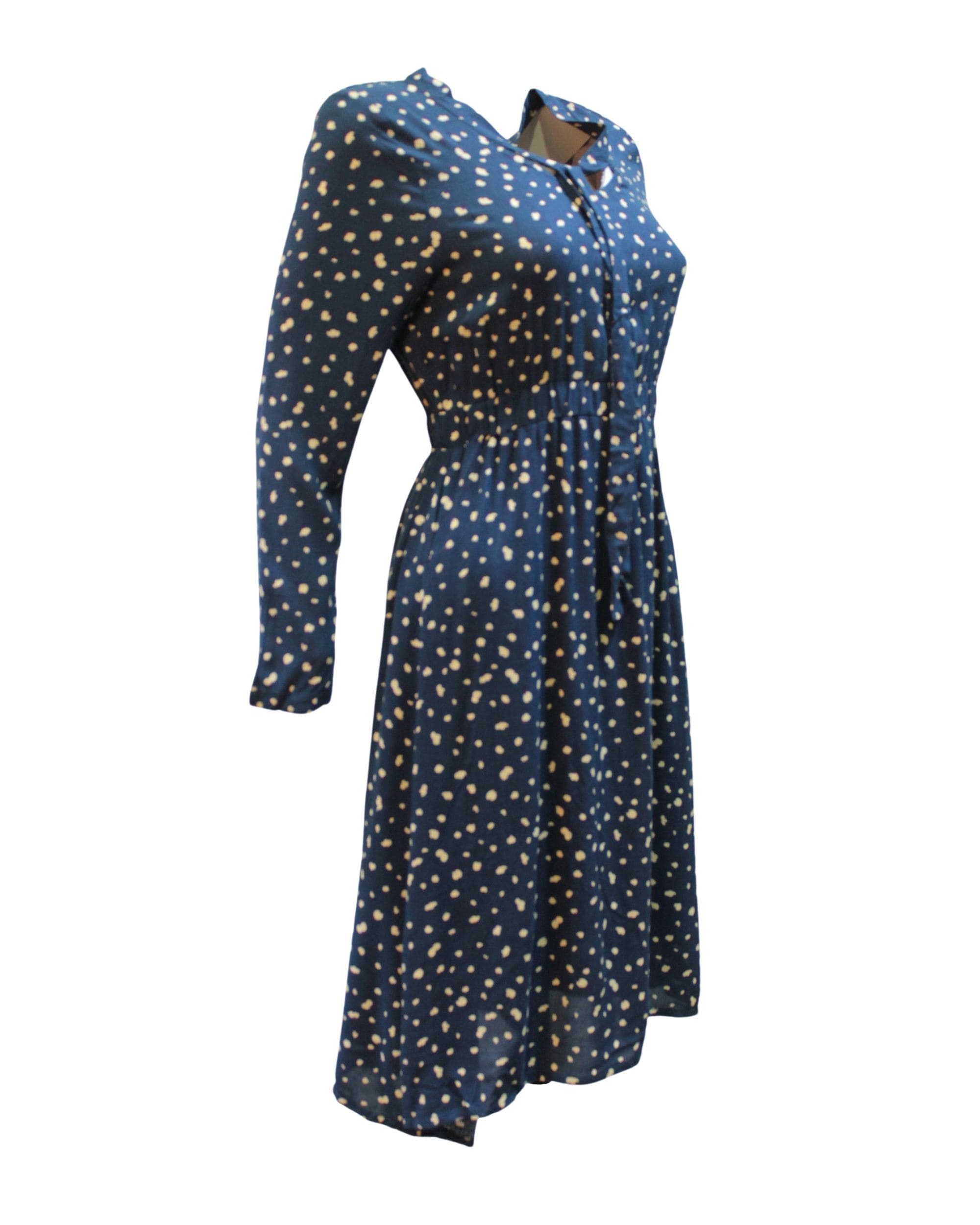Vestido midi mujer, dress manga larga, escote lazo, estampado lunares blancos, corte ajustado a la cintura, estilo casual elegante, tejido ligero azul, talla XS, ideal eventos o diario, cómodo y versátil ✅Entrega 24/48h
