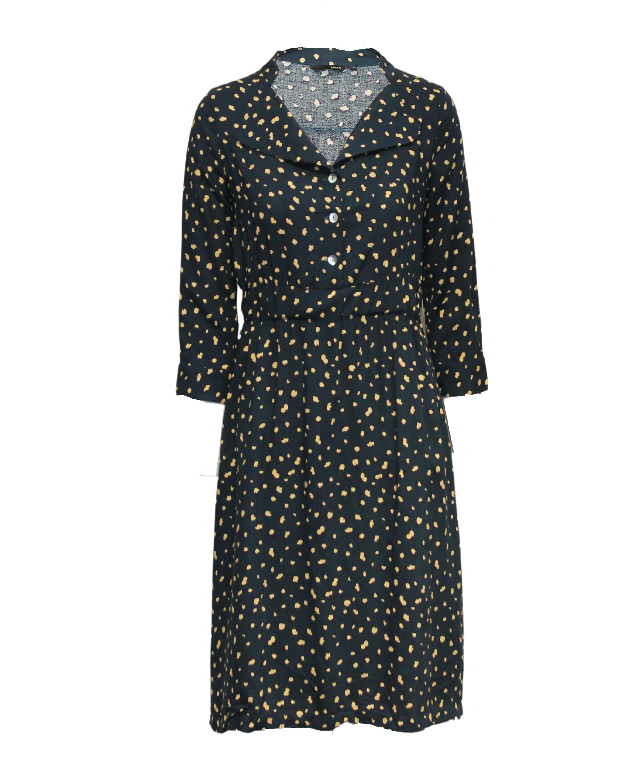 Vestido camisero mujer, dress estampado lunares, modelo manga tres cuartos, tejido viscosa ligero, botones delanteros, corte recto, estilo urbano elegante, color negro con beige, talla S, look versátil ✅Entrega 24/48h