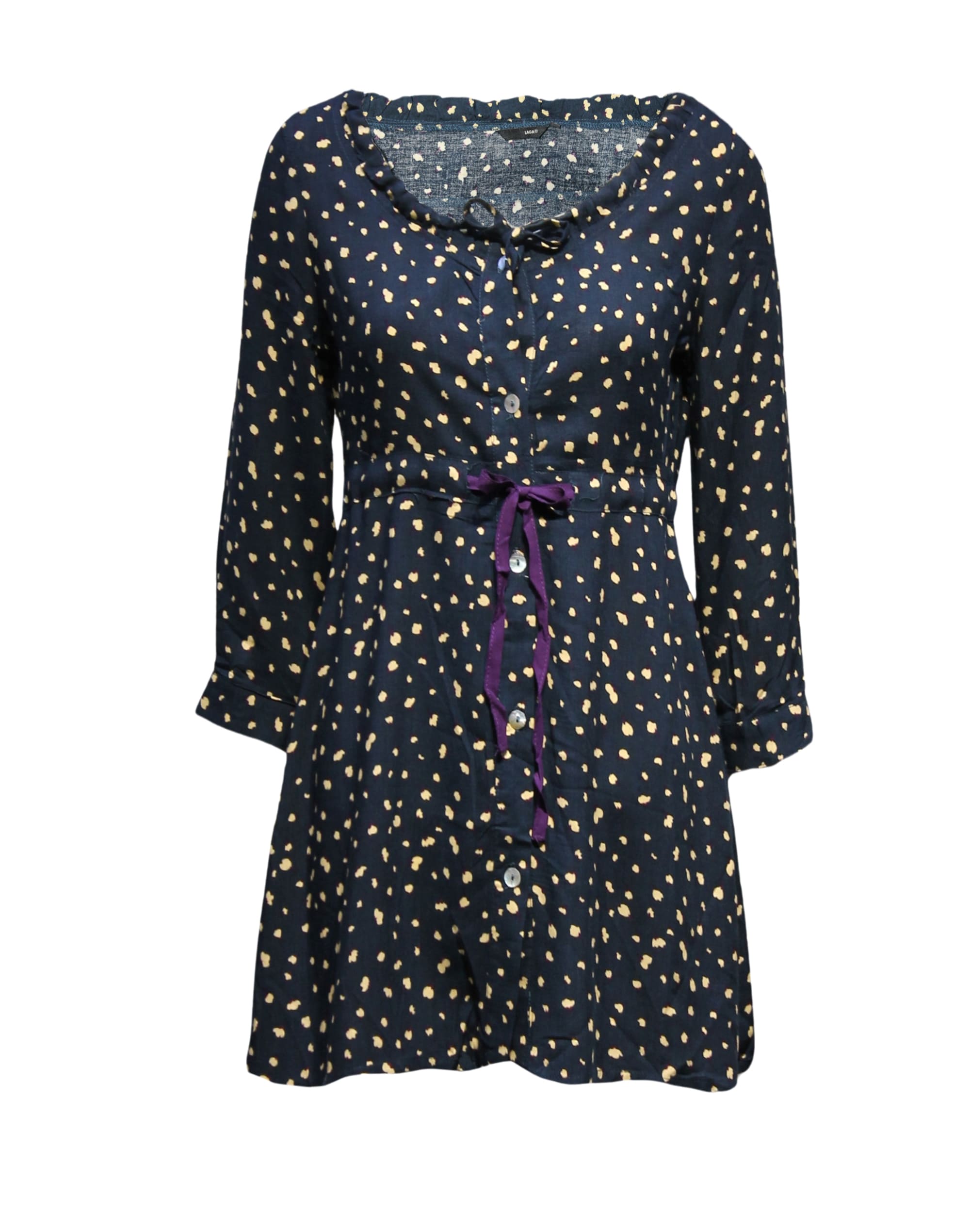 Blusón camisero mujer, blusa larga estampada, manga larga, tira ajustable, cuello redondo, cierre frontal, estilo casual, azul marino con puntos beige, talla S, cómodo y versátil ✅Entrega 24/48h