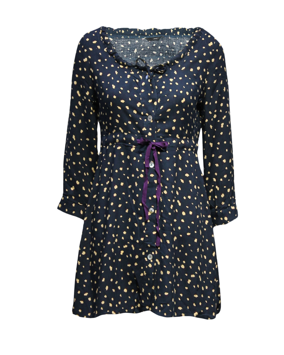 Blusón camisero mujer, blusa larga estampada, manga larga, tira ajustable, cuello redondo, cierre frontal, estilo casual, azul marino con puntos beige, talla S, cómodo y versátil ✅Entrega 24/48h