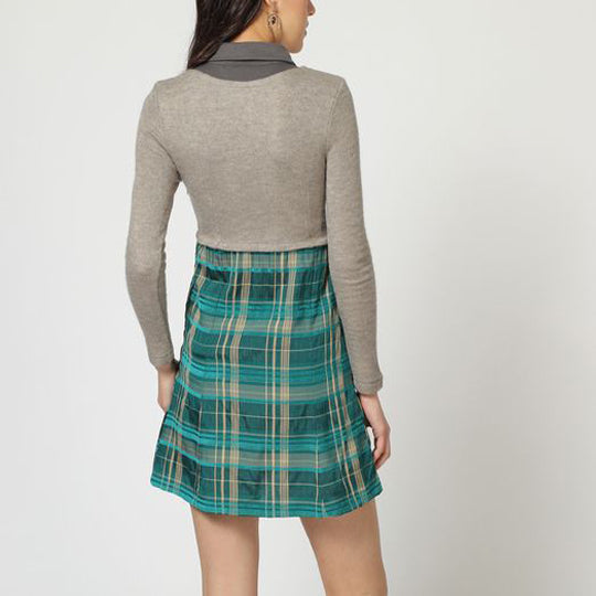 Vestido corto mujer jumper plaid escocés evasé cuello combinado manga larga look oficina urbano tela suave cómodo moderno elegante verde talla L ✅Entrega 24/48h