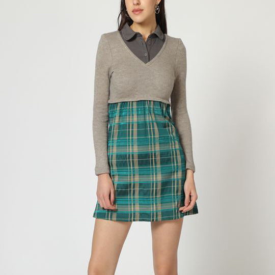 Vestido corto mujer jumper plaid escocés evasé cuello combinado manga larga look oficina urbano tela suave cómodo moderno elegante verde talla L ✅Entrega 24/48h