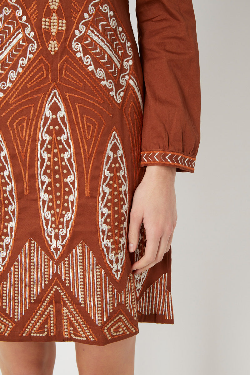 Vestido recto mujer, dress bordado, detalles geométricos, textura suave, manga larga, escote redondo, cierre cremallera, mezcla sintética, estilo boho chic, talla 40, marrón, cómodo elegante versátil ✅Entrega 24/48h