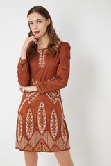 Vestido recto mujer, dress bordado, detalles geométricos, textura suave, manga larga, escote redondo, cierre cremallera, mezcla sintética, estilo boho chic, talla 40, marrón, cómodo elegante versátil ✅Entrega 24/48h