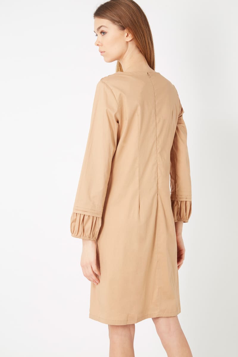 Vestido recto mujer bordado pasamanería manga larga algodón suave escote pico elegante cómodo talla 38 tonos tierra beige versátil urbano fiesta look sofisticado ✅Entrega 24/48h
