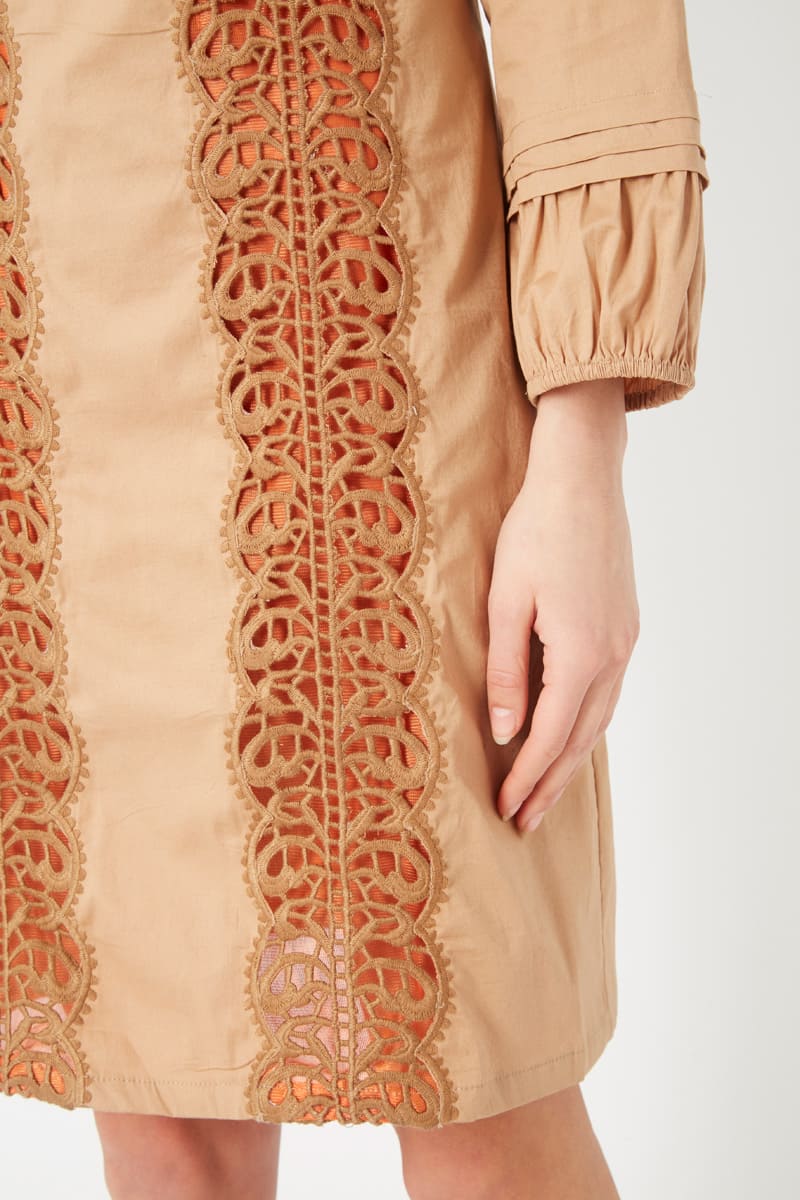Vestido recto mujer bordado pasamanería manga larga algodón suave escote pico elegante cómodo talla 38 tonos tierra beige versátil urbano fiesta look sofisticado ✅Entrega 24/48h