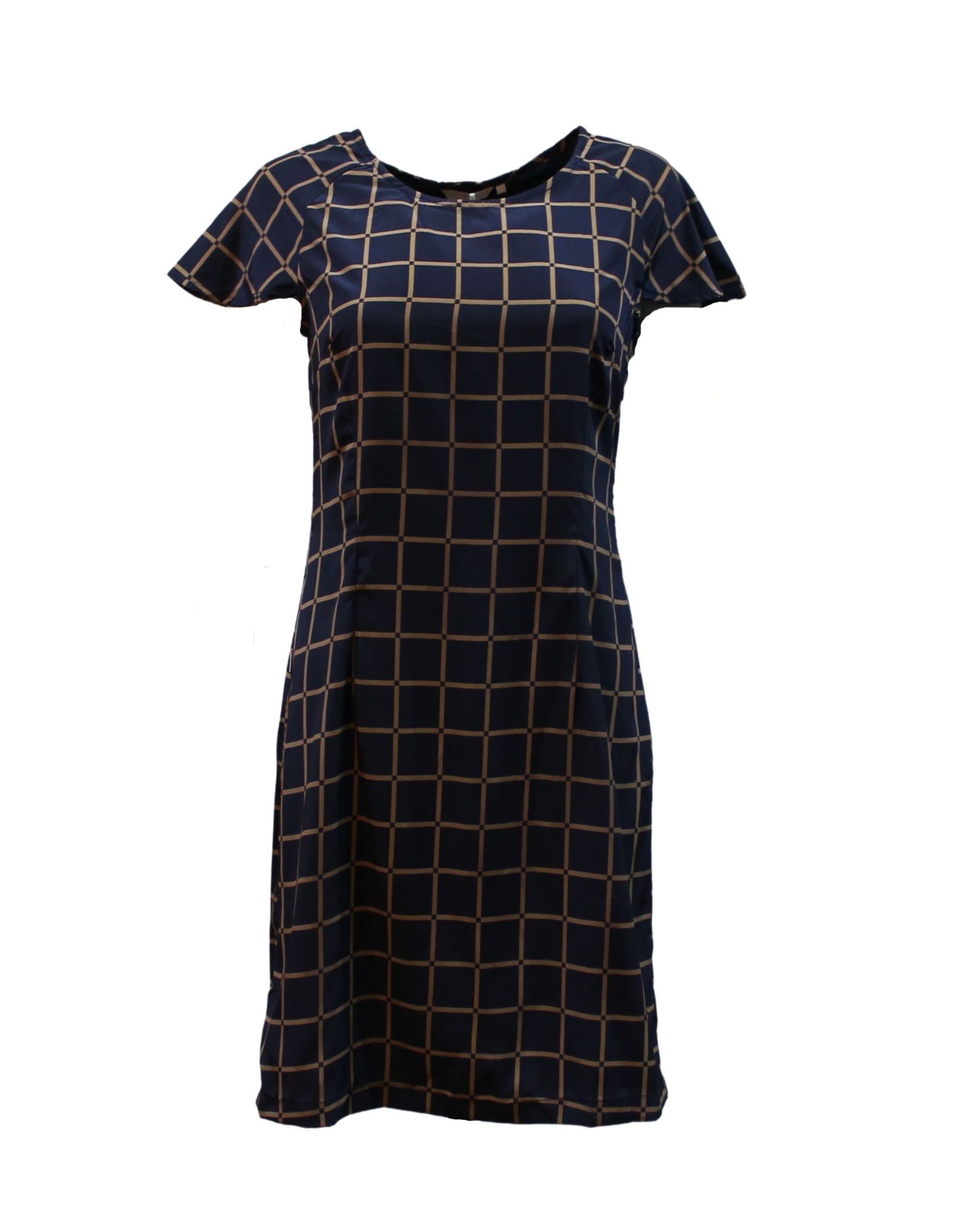 Vestido recto mujer, dress elegante corte recto, estampado cuadros, manga corta, cuello redondo, modelo Laga D733, color azul, talla XS, cómodo, versátil, ideal oficina o casual, outfit moderno ✅Entrega 24/48h