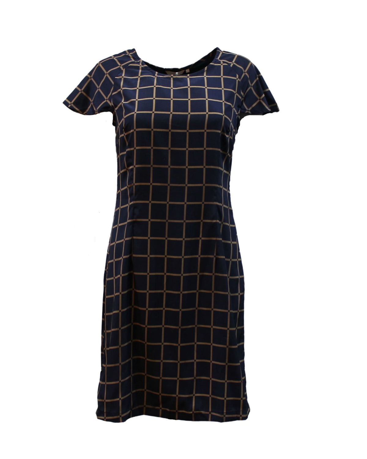 Vestido recto mujer, dress elegante corte recto, estampado cuadros, manga corta, cuello redondo, modelo Laga D733, color azul, talla XS, cómodo, versátil, ideal oficina o casual, outfit moderno ✅Entrega 24/48h