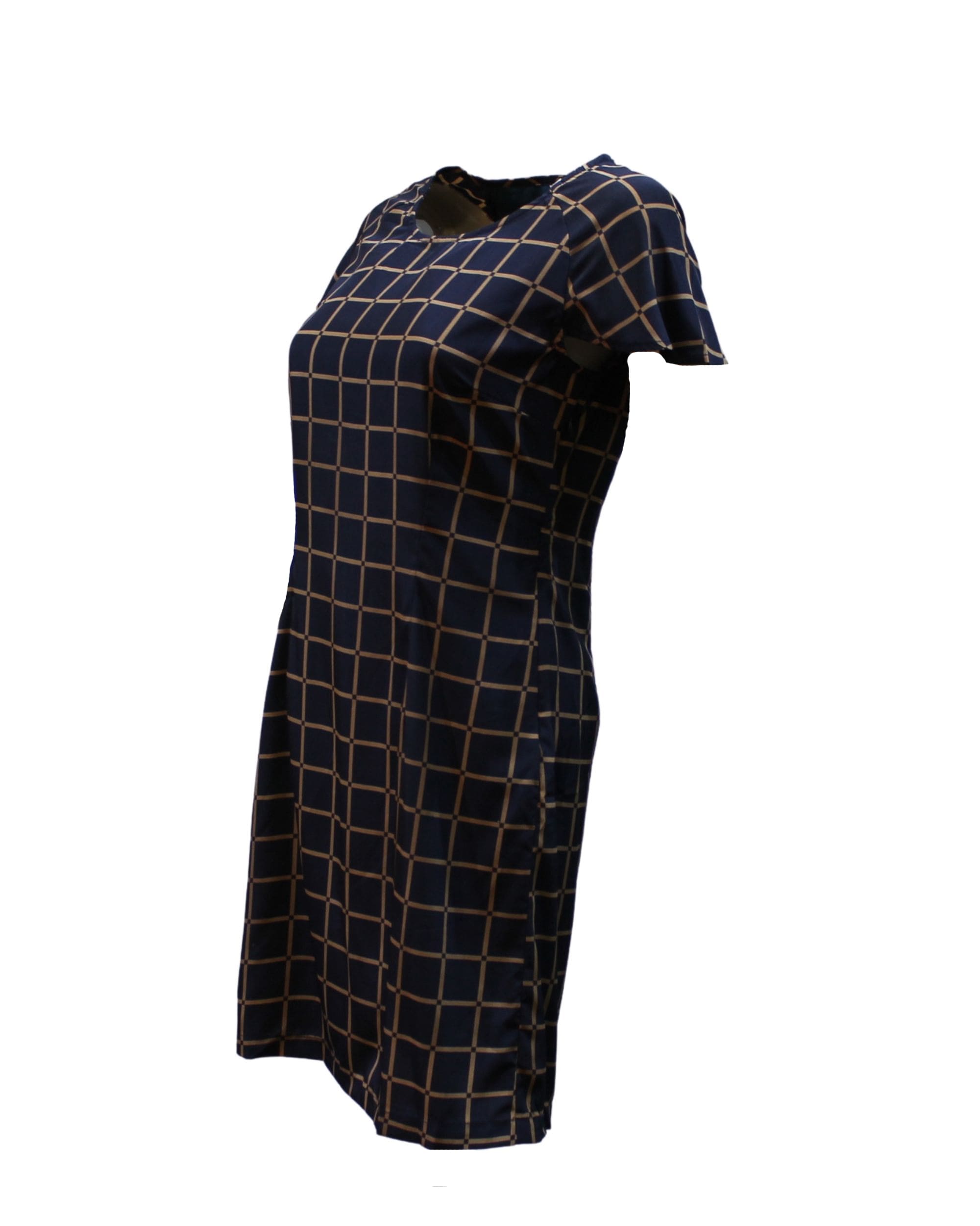 Vestido recto mujer, dress elegante corte recto, estampado cuadros, manga corta, cuello redondo, modelo Laga D733, color azul, talla XS, cómodo, versátil, ideal oficina o casual, outfit moderno ✅Entrega 24/48h