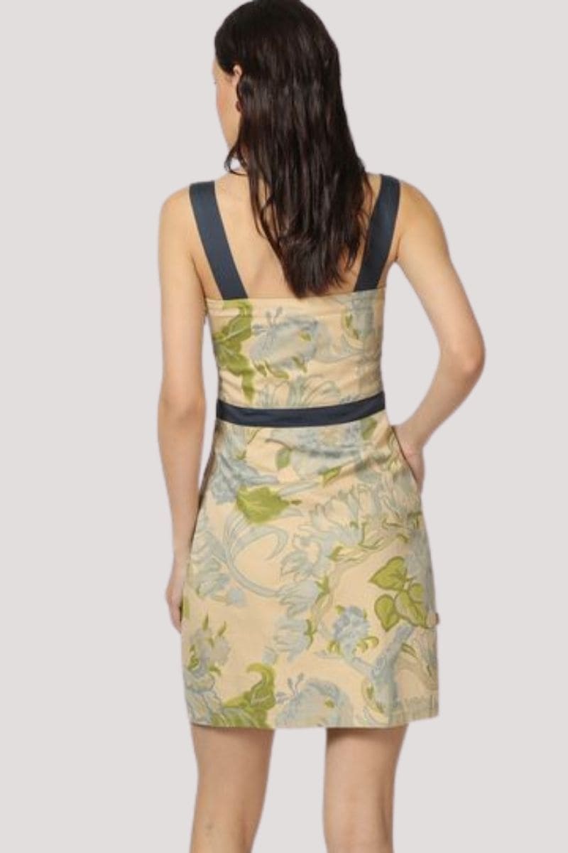 Vestido mujer corto, dress estampado floral moderno, escote cuadrado, tirante ancho contraste, cierre cremallera, corte recto, azul, cómodo, elegante, talla M, ideal outfits diarios o eventos ✅Entrega 24/48h