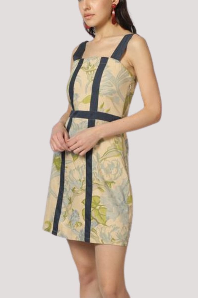 Vestido mujer corto, dress estampado floral moderno, escote cuadrado, tirante ancho contraste, cierre cremallera, corte recto, azul, cómodo, elegante, talla M, ideal outfits diarios o eventos ✅Entrega 24/48h