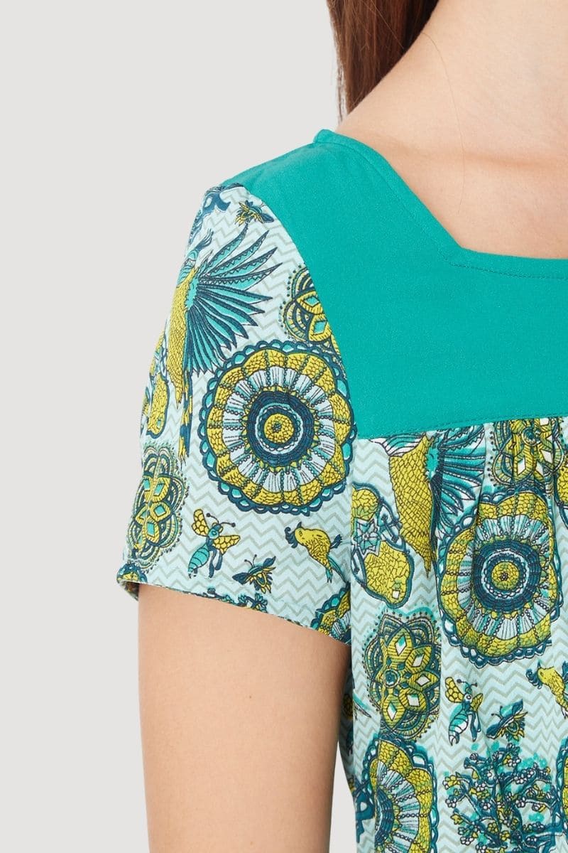 Vestido mujer amplio estampado Dress outfit corte recto escote cuadrado manga corta detalles contraste color verde L cómodo versátil tendencia primavera verano ideal diario viaje ✅Entrega 24/48h