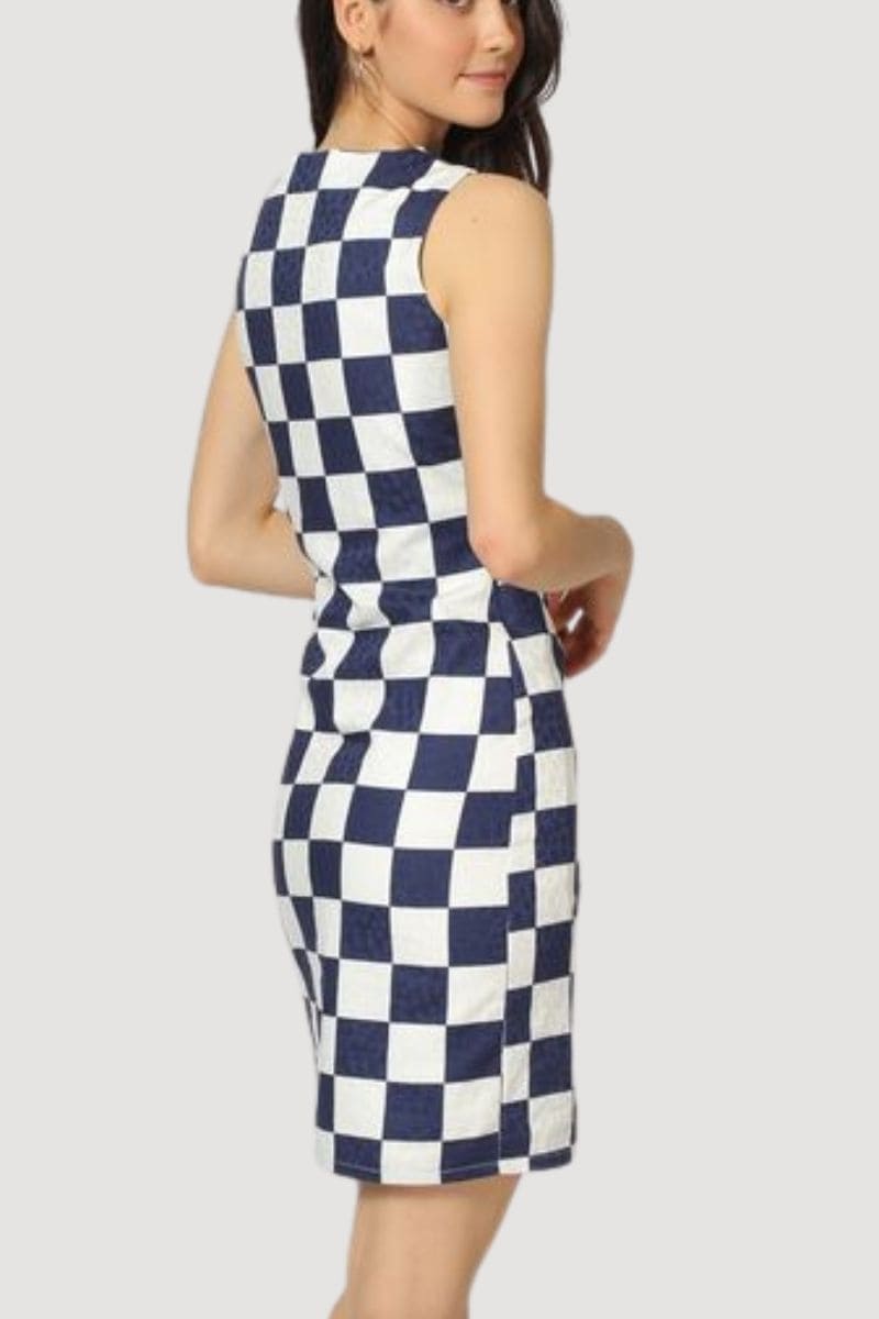 Vestido mini entallado, dress sin mangas, estampado cuadros, escote redondo con abertura, cierre lateral cremallera, estilo moderno elegante, tela cómoda, talla L azul, ideal primavera verano, versátil outfit moda mujer ✅Entrega 24/48h