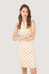 Vestido sin mangas, dress, outfit recto cuadros beige elegante ligero geométrico, corte recto, estilo sofisticado, comodidad, talla L, look versátil eventos reuniones ✅Entrega 24/48h