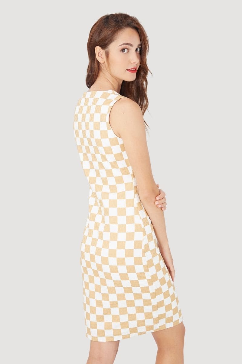 Vestido sin mangas, dress, outfit recto cuadros beige elegante ligero geométrico, corte recto, estilo sofisticado, comodidad, talla L, look versátil eventos reuniones ✅Entrega 24/48h