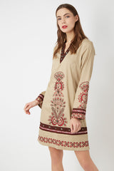 Vestido túnica bohemio, dress bordado étnico, manga larga, escote V, algodón, corte holgado, cómodo, estilo elegante casual, beige, talla 36, ideal eventos, botas o sandalias, 38 colores, ✅Entrega 24/48h