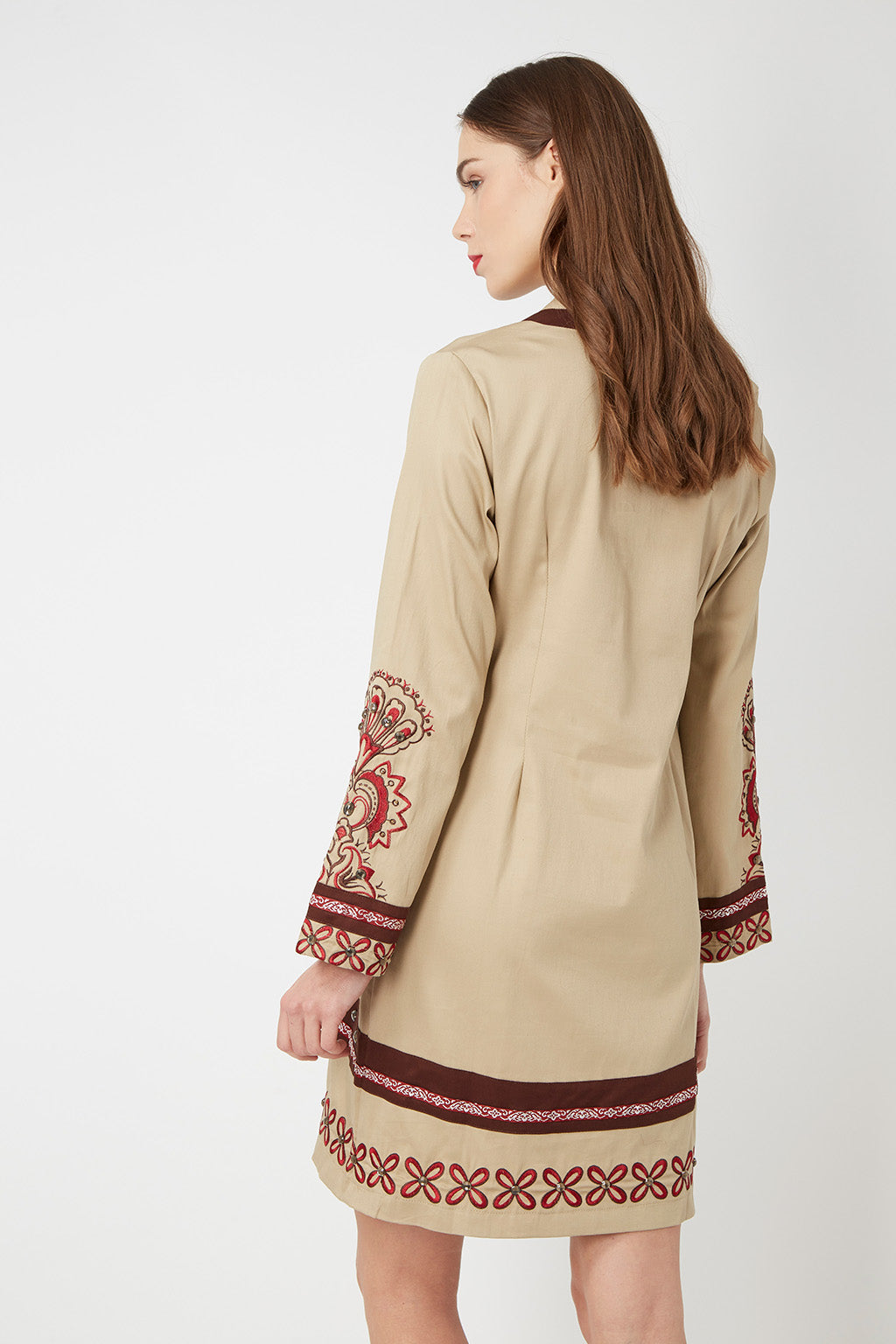 Vestido túnica bohemio, dress bordado étnico, manga larga, escote V, algodón, corte holgado, cómodo, estilo elegante casual, beige, talla 36, ideal eventos, botas o sandalias, 38 colores, ✅Entrega 24/48h