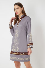 Vestido mujer manga larga dress cuello tunecino detalle contraste bordados fantasía estampado étnico elegante cuentas adorno cómodo talla 36 gris outfit versátil ✅Entrega 24/48h