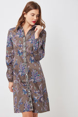 Vestido camisero mujer, dress floral manga larga botones elegantes corte recto, cómodo y sofisticado, estampado flores marrón talla 36, ideal oficina casual urbano ✅Entrega 24/48h