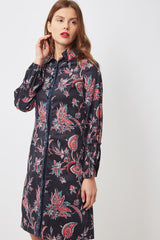 Vestido mujer camisero, dress manga larga, estampado floral, cierre botones delantero, perlas decorativas, elegante, corte midi, color negro, talla 36, outfit versátil, cómodo, sofisticado ✅Entrega 24/48h
