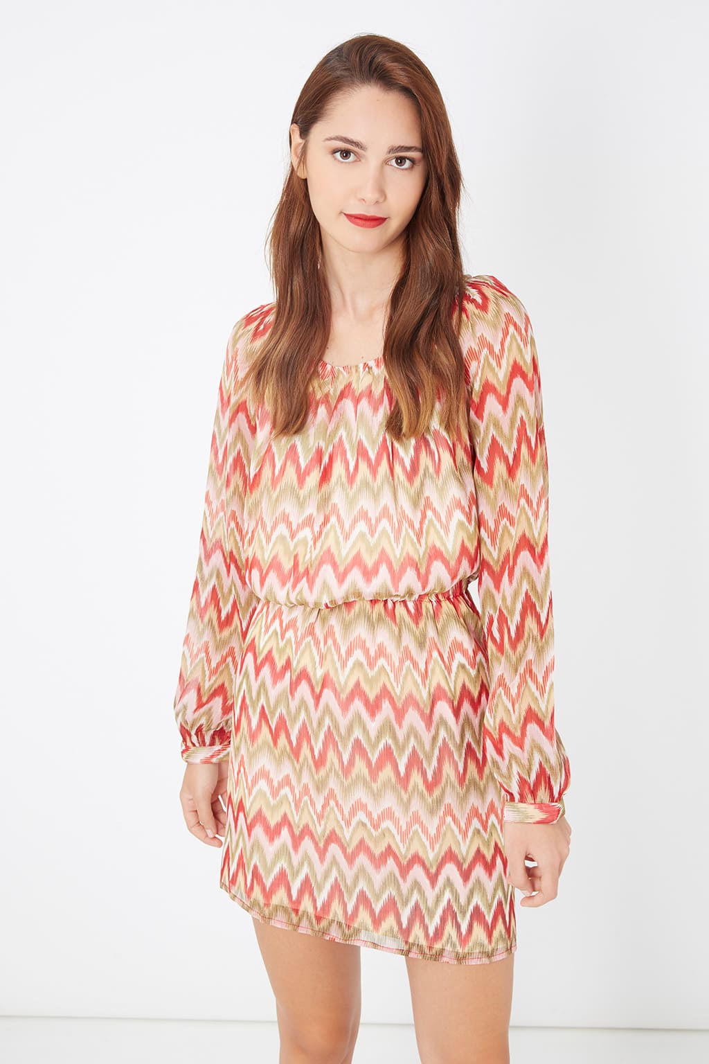 Vestido corto mujer, dress mini estampado zigzag, manga larga, cintura elástica, estilo casual, tejido ligero, favorecedor, colores beige multicolor, talla L, cómodo y femenino, outfit urbano elegante ✅Entrega 24/48h