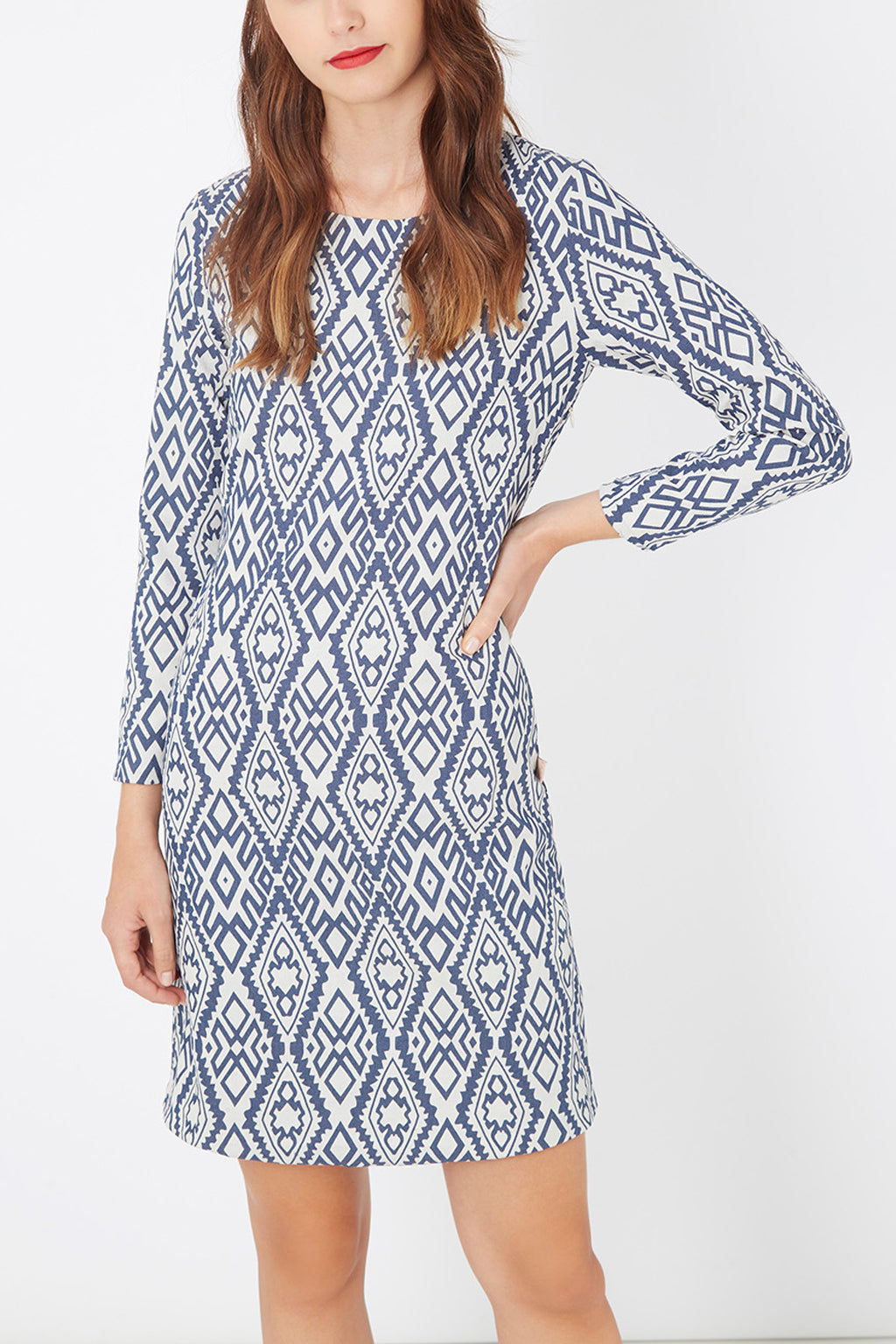 Vestido mujer recto crepé estampado geométrico azul blanco, manga larga, cuello redondo, forro interior, cierre cremallera, outfit elegante cómodo talla L ✅Entrega 24/48h