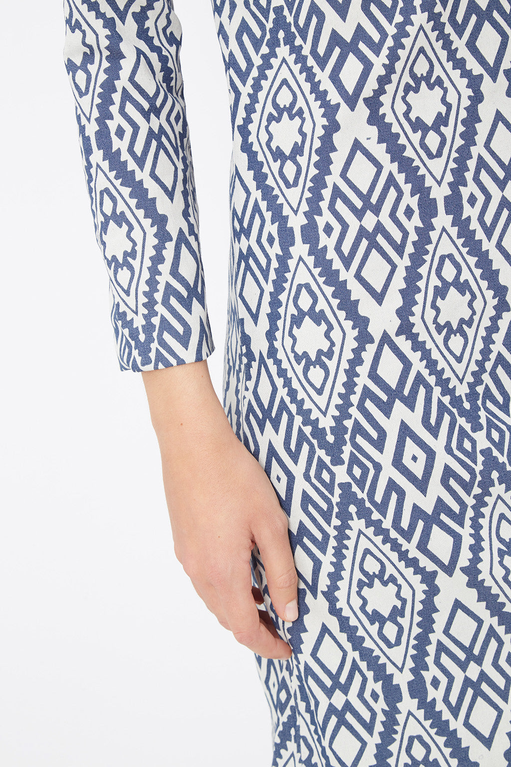 Vestido mujer recto crepé estampado geométrico azul blanco, manga larga, cuello redondo, forro interior, cierre cremallera, outfit elegante cómodo talla L ✅Entrega 24/48h