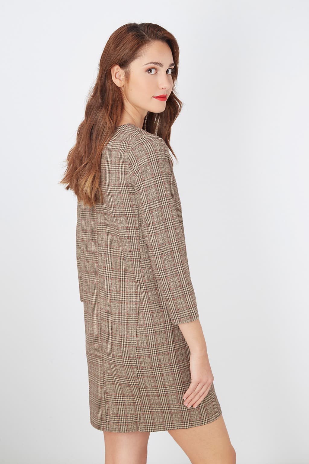 Vestido recto mujer, dress outfit, diseño Príncipe de Gales elegante, manga 3/4, cremallera, forro interior, escote redondo, corte cómodo, color marrón, talla L, look versátil diario, ✅Entrega 24/48h