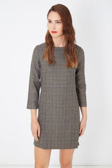 Vestido recto mujer, dress estampado Príncipe de Gales, manga tres cuartos, cuello redondo, cierre cremallera, forro interior, cómodo, estilo elegante/casual, gris, talla L ✅Entrega 24/48h