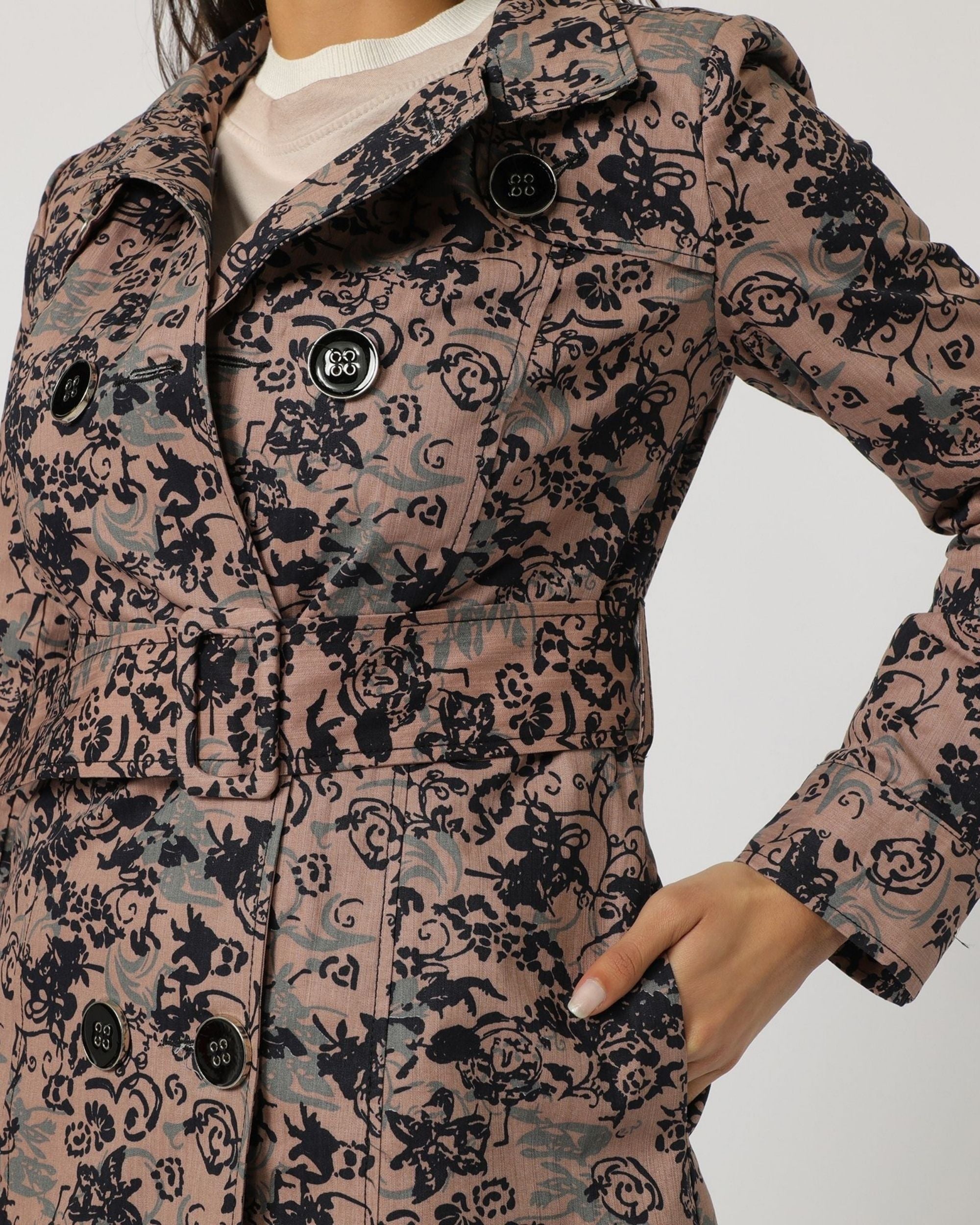 Gabardina mujer abrigo chaqueta floral, algodón textura, cinturón extraíble, solapa, manga abullonada, bolsillos, cierre botones, cómoda, versátil, elegante, rosa estampado, talla 36, ✅Entrega 24/48h