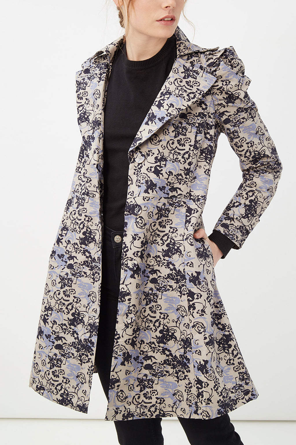 Abrigo largo mujer, gabardina elegante, floral, tejido ligero, estilo formal, manga larga, moderno, beige azul negro, talla 36, ideal oficina o eventos, versátil, cómodo, sofisticado, tendencia otoño invierno ✅Entrega 24/48h