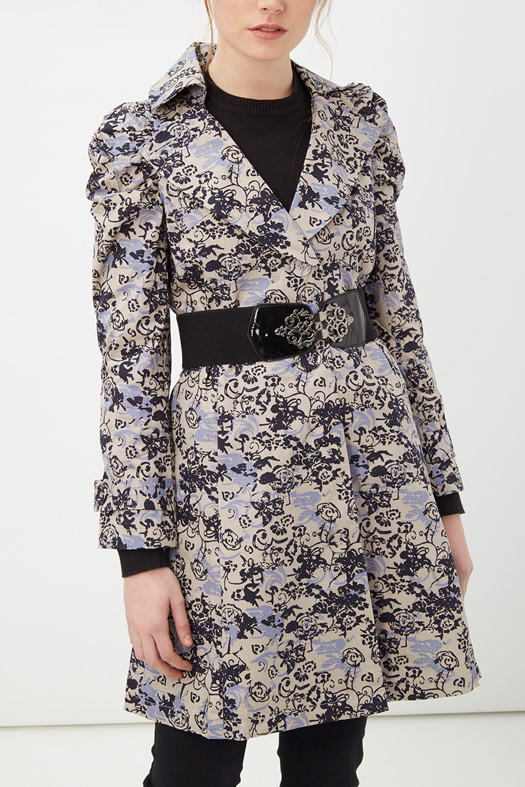 Abrigo largo mujer, gabardina elegante, floral, tejido ligero, estilo formal, manga larga, moderno, beige azul negro, talla 36, ideal oficina o eventos, versátil, cómodo, sofisticado, tendencia otoño invierno ✅Entrega 24/48h