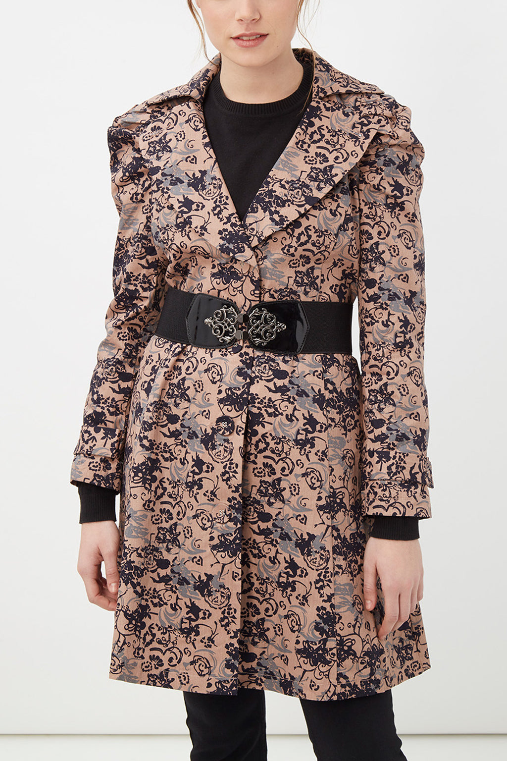 Gabardina mujer recta, trench coat, abrigo largo, textura estampado floral, manga larga, solapa, cinturón extraíble, cierre botones, bolsillos, talla 36, elegante versátil rosa ✅Entrega 24/48h