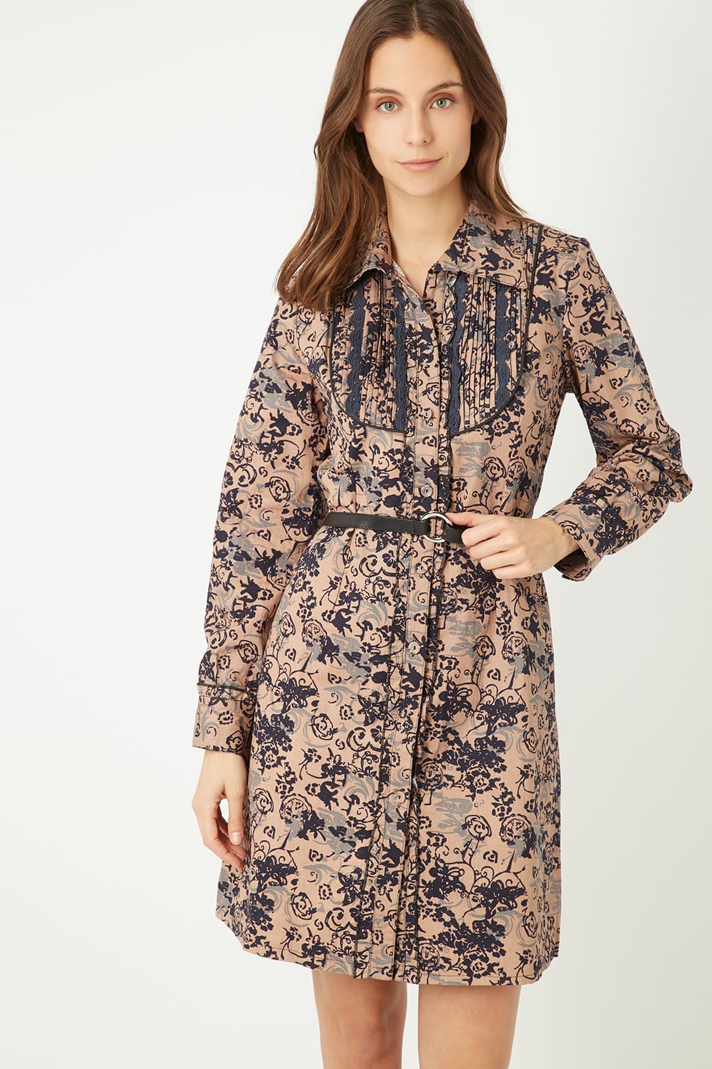 Vestido camisero mujer, dress elegante, estampado floral, fajín incluido, tejido suave, corte recto, manga larga, ideal oficina y eventos, color beige, talla 36, sofisticado y cómodo, outfit versátil ✅Entrega 24/48h