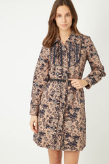 Vestido camisero mujer, dress elegante, estampado floral, fajín incluido, tejido suave, corte recto, manga larga, ideal oficina y eventos, color beige, talla 36, sofisticado y cómodo, outfit versátil ✅Entrega 24/48h