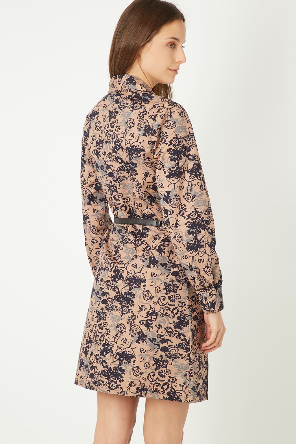 Vestido camisero mujer, dress elegante, estampado floral, fajín incluido, tejido suave, corte recto, manga larga, ideal oficina y eventos, color beige, talla 36, sofisticado y cómodo, outfit versátil ✅Entrega 24/48h