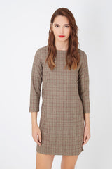 Vestido recto mujer, dress outfit, diseño Príncipe de Gales elegante, manga 3/4, cremallera, forro interior, escote redondo, corte cómodo, color marrón, talla L, look versátil diario, ✅Entrega 24/48h